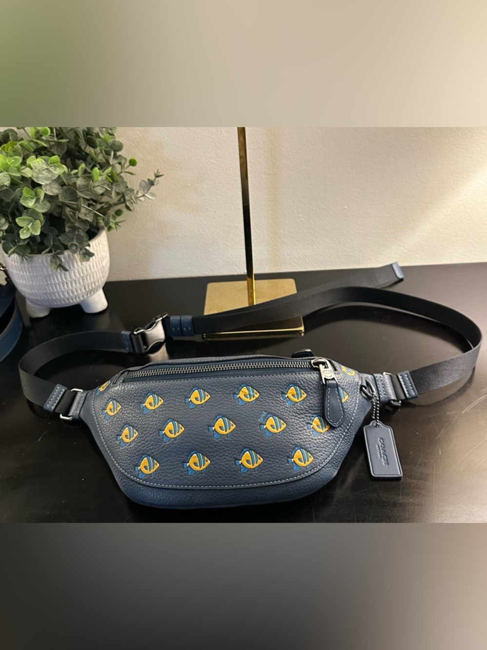 Coach Warren Navy Belt Bag With Fish Print